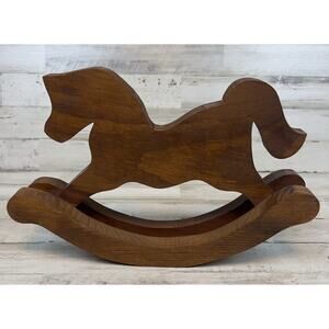 Vintage Handmade Wooden Rocking Horse Decor 12” Folk Art Brown Wood Nursery